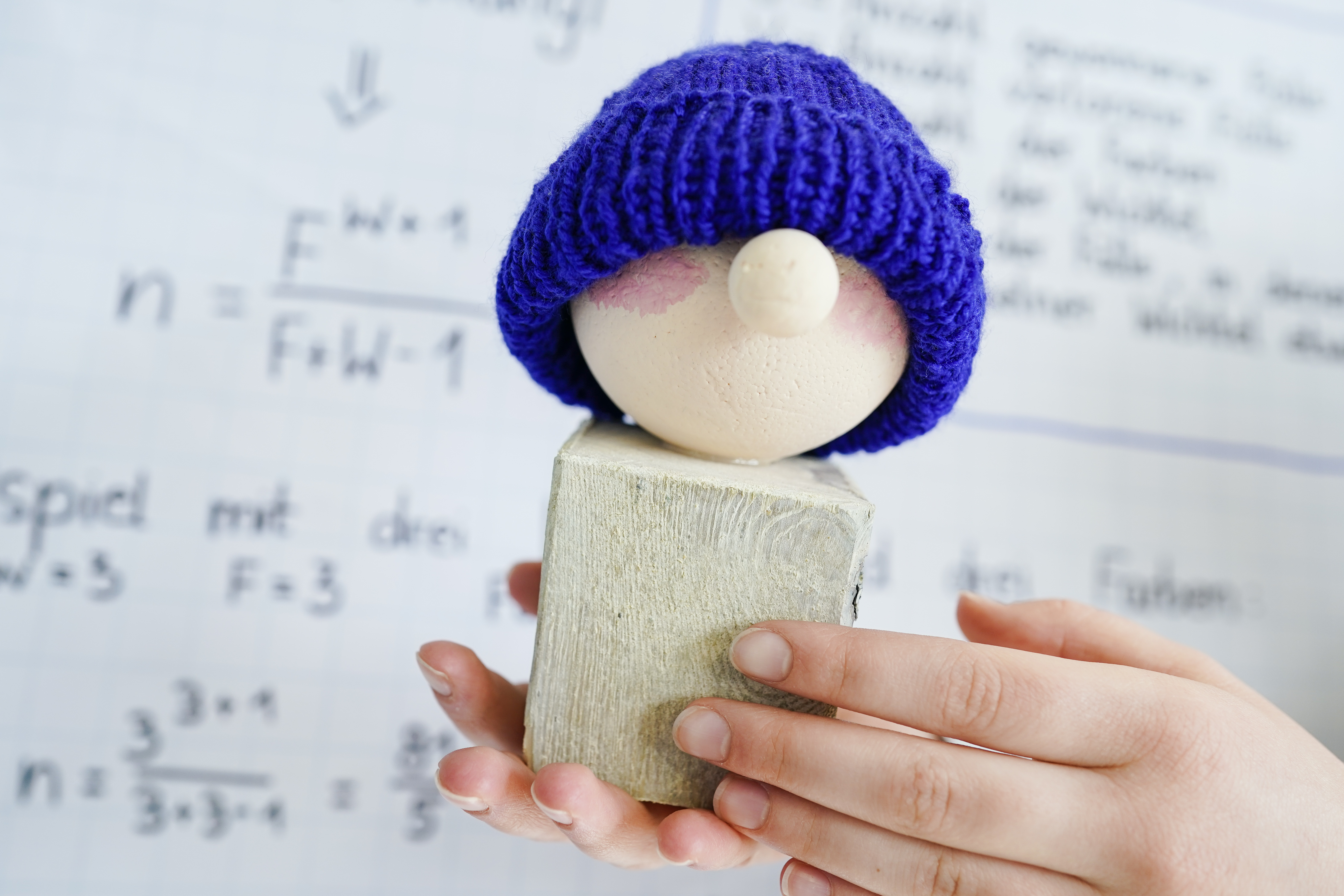 Eine Hand hält im Karlsruher Institut für Technologie (KIT) beim Landeswettbewerb "Jugend forscht“ eine Figur mit einer farbigen Mütze vor ein Flipchart mit mathematischen Formeln. Das Gewinnerprojekt trägt den Titel „Mein Hut der hat n Farben“. Über 100 Jugendliche mit 58 Projekten haben sich fürs Landesfinale qualifiziert. Die besten acht Projekte im Landeswettbewerb qualifizieren sich für das Bundesfinale in Bremen.