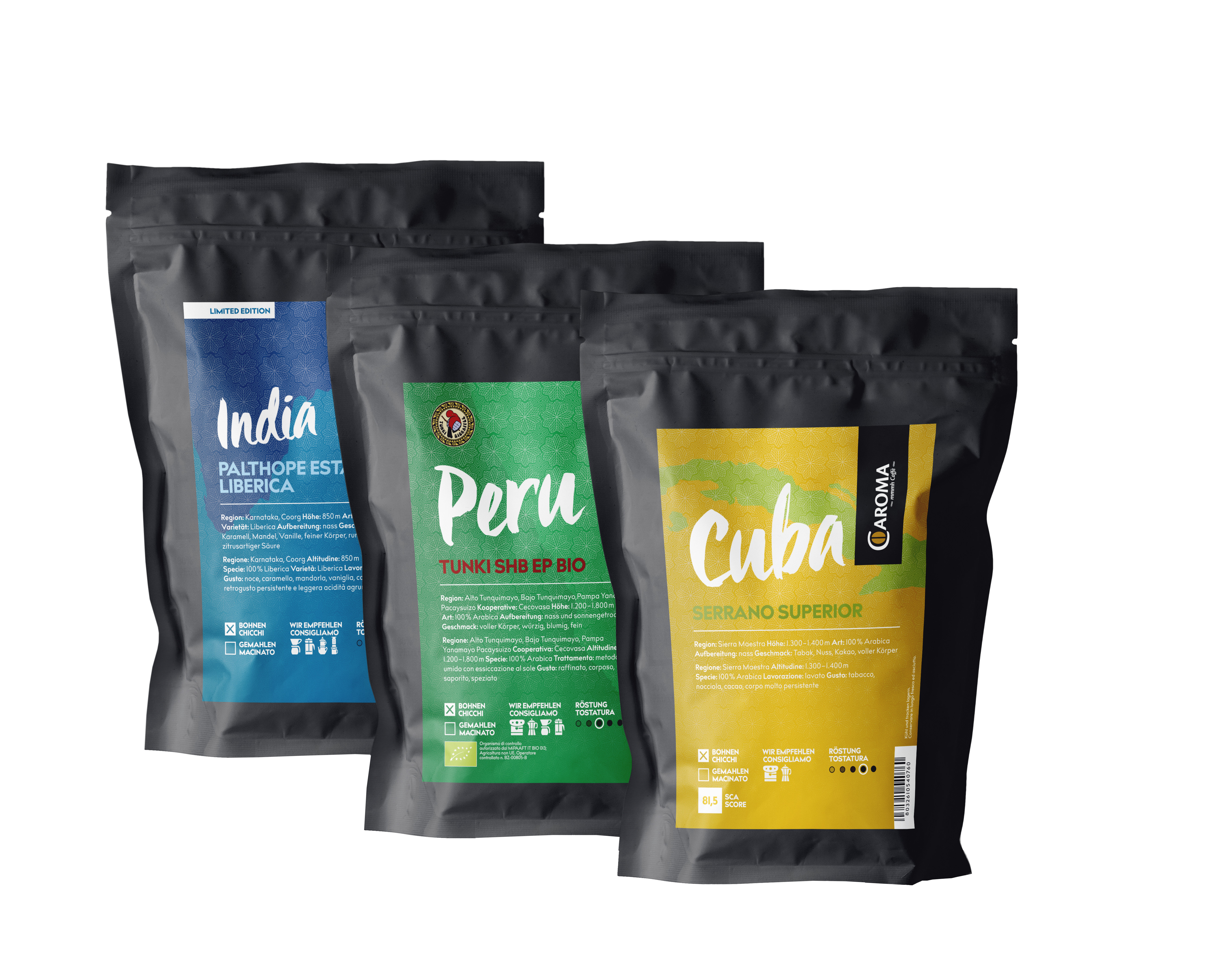 Drei Fairtrade Kaffeepackungen