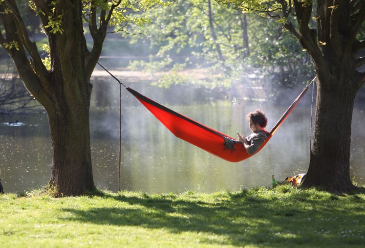 Ein junger Mann liest in einer Hängematte ein Buch