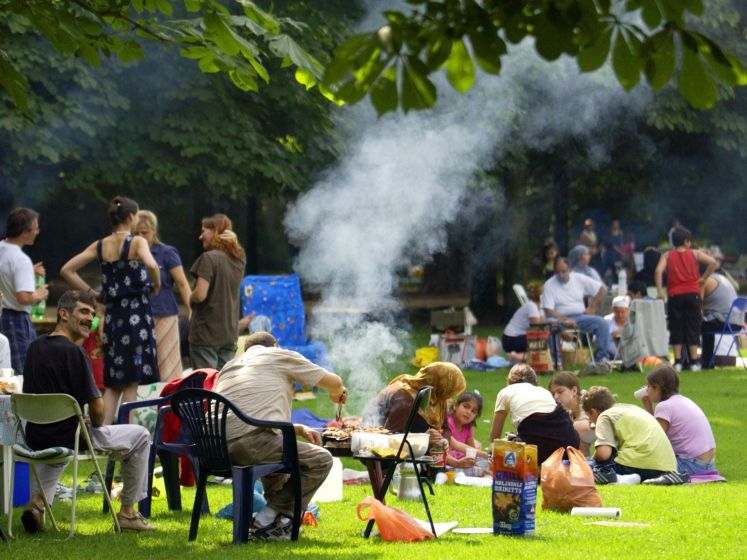 Familien mit und ohne Migrationshintergrund grillen im Berliner Tiergarten