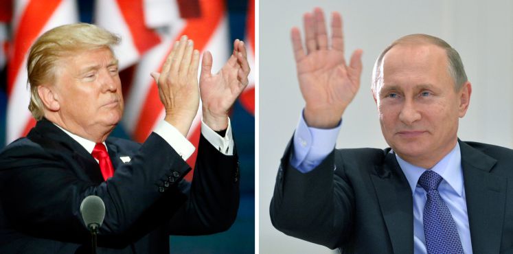Fotocollage aus einem Bild des applaudierenden Donald Trump und einem winkenden Wladimir Putin
