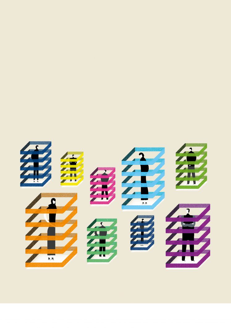 Illustration von Menschen in Käfigen.