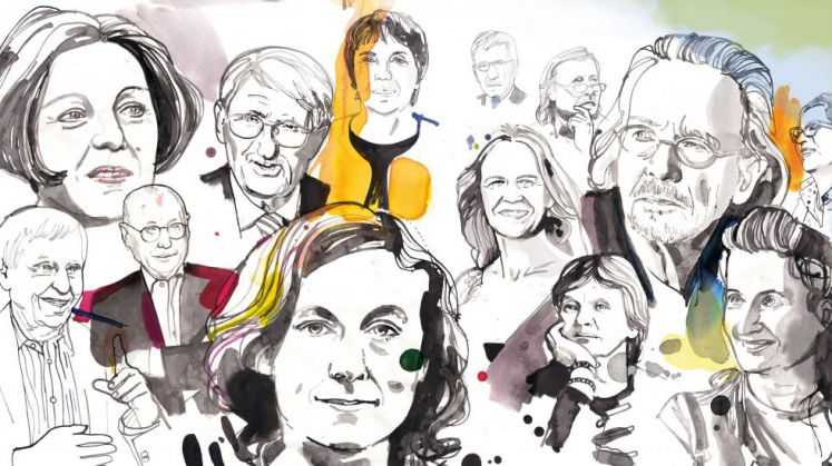 Eine Illustration der Portraits von einigen der Intellektuellen.