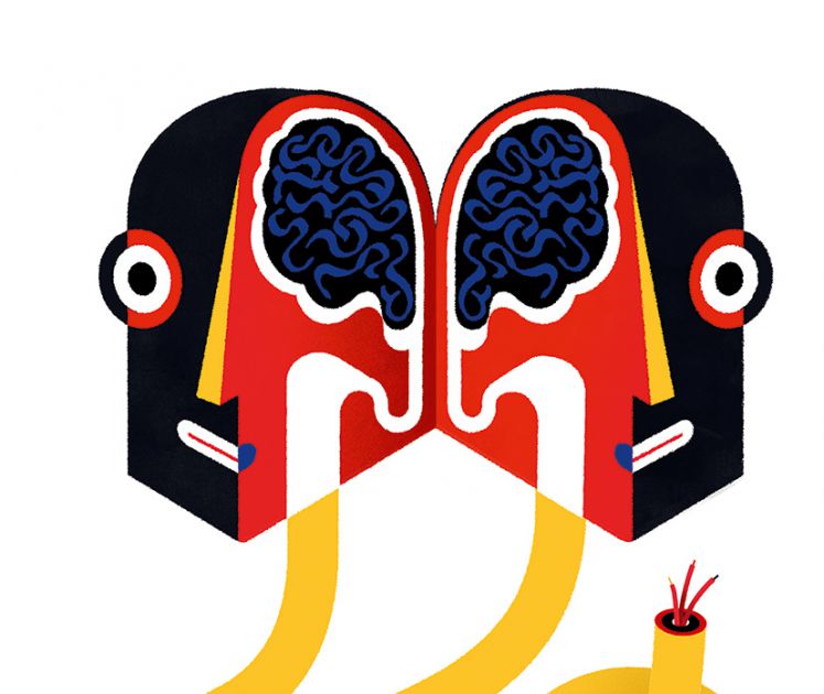 Illustrationen eines Kopfes der in der Mitte aufklappt und zwei Kabel unten rauskommen.