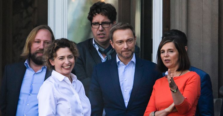 Vertreter von FDP und Grünen beim Treffen zur Vorbereitung auf den Start der Jamaika-Sondierungsverhandlungen