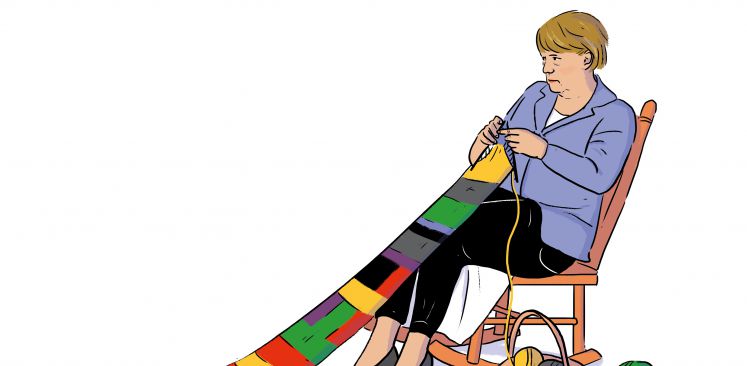 Merkel strikt an einem Schal mit verschiedenen Koalitionsmustern