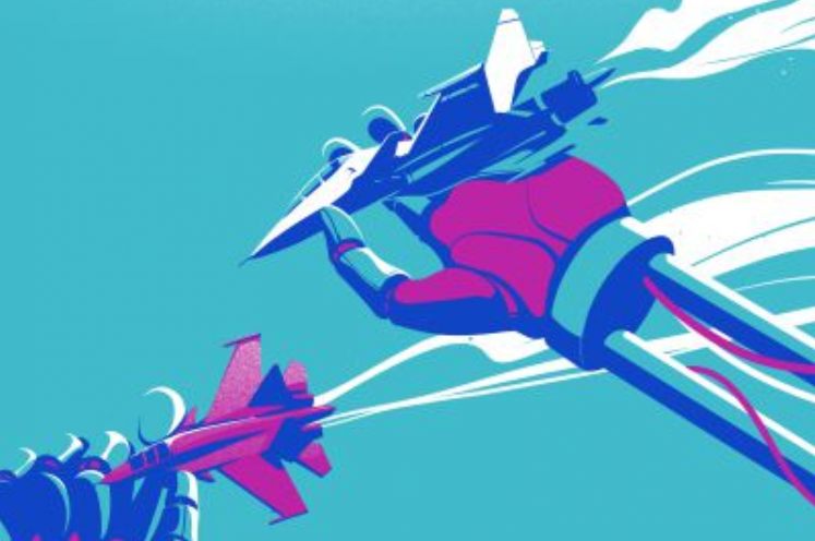 Illustration von riesigem Roboter, der zwei Düsenjets in den Händen hält