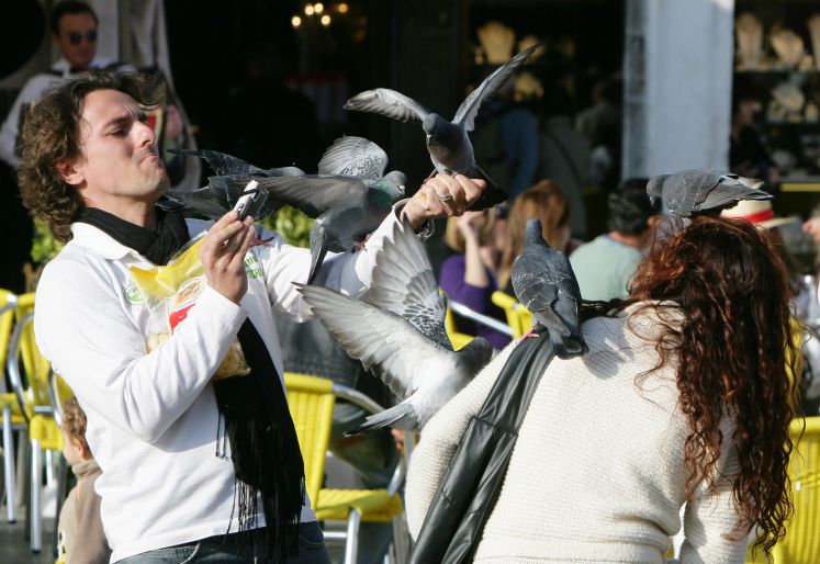 Touristen fotografieren sich mit Tauben auf dem Markusplatz in Venedig