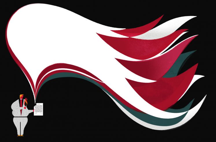 Illustration: Trump hält den Vertrag mit dem Atomabkommen, daraus sticht eine große Flamme