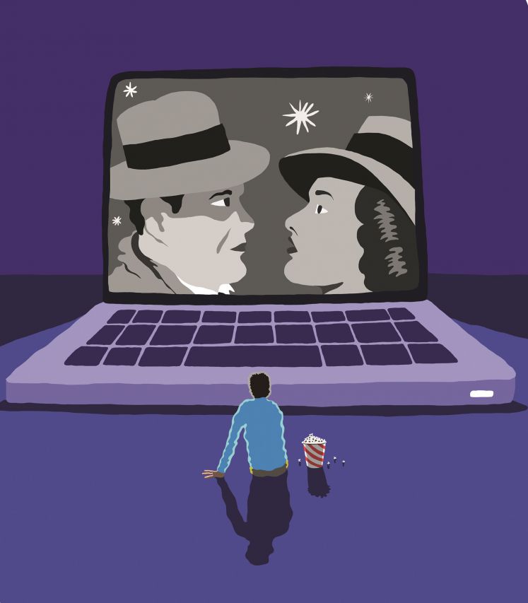 Illustration Mensch sitzt mit Popcorn vor einem Leinwandgroßen Laptop und sieht den Film "Casablanca"