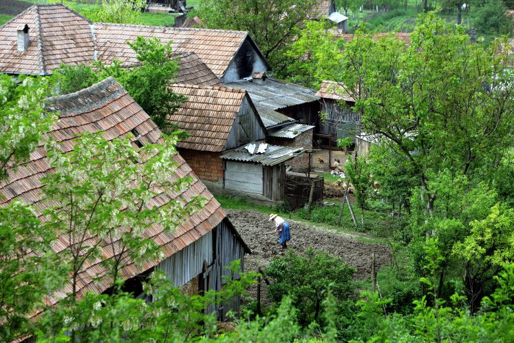 Blick von der Burg Slimnic in Stolzenburg bei Sibiu/Hermannstadt in Rumänien auf ein Gehöft, in dem eine alte Frau einen Acker bearbeitet, aufgenommen am 24.05.2007