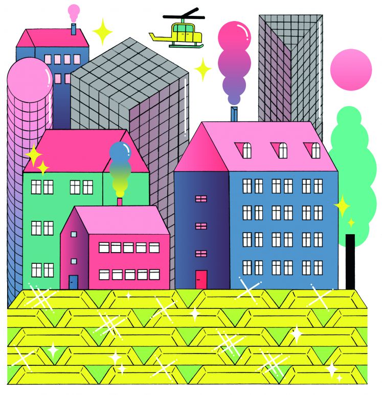 Illustration einer Metropole mit goldverziertem Grund und Boden