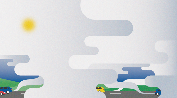 Illustration Straße mit Autos vor einer Landschaft, auf die wegen der Abgase die Sicht eingeschränkt ist