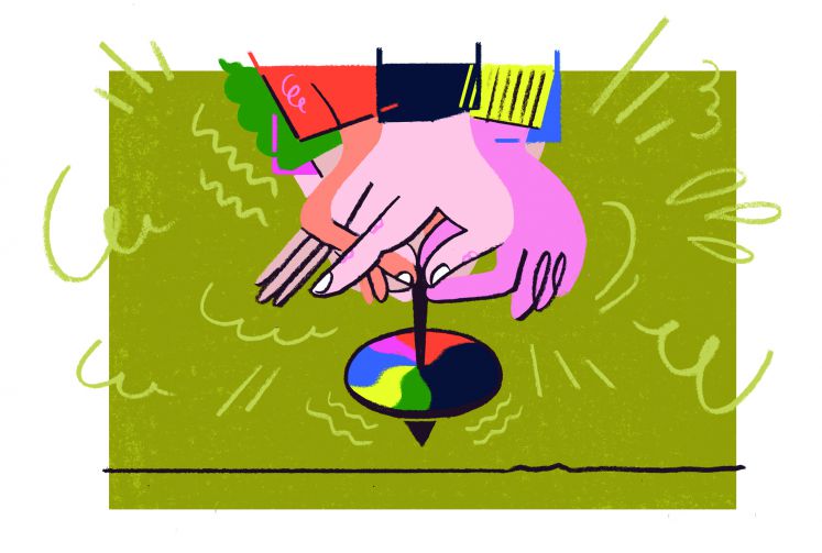 Illustration Kreisel mit den Farben der Parteien der von mehreren Händen gleichzeitig gedreht wird