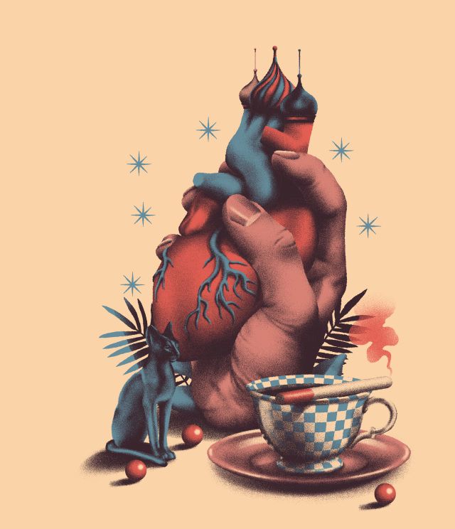 Illustration einer Hand, die ein Herz hält, daneben eine Tasse Kaffee mit einer Zigarette darauf abgelegt
