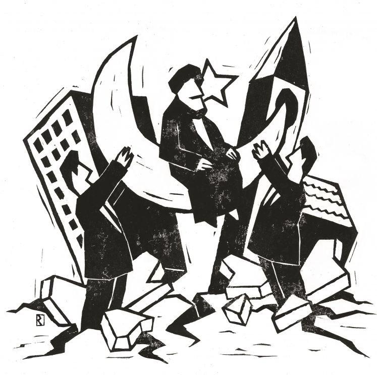 Illustration Zwei Männer tragen einen Muslim auf einem Halbmond