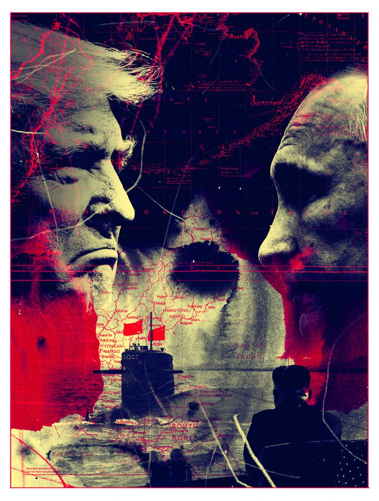 Eine Illustration, die die Gesichter von Donald Trump und Vladimir Putin einander gegenübergestellt zeigt.