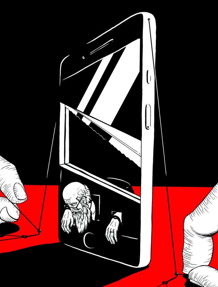 Ein Smartphone als Guillotine.