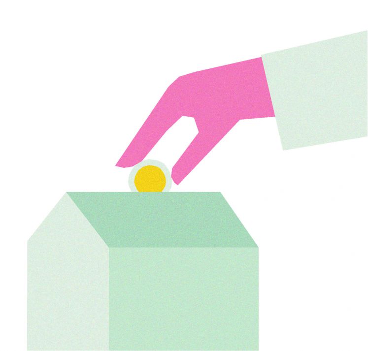 Eine Hand schmeißt eine Münze in ein Haus.