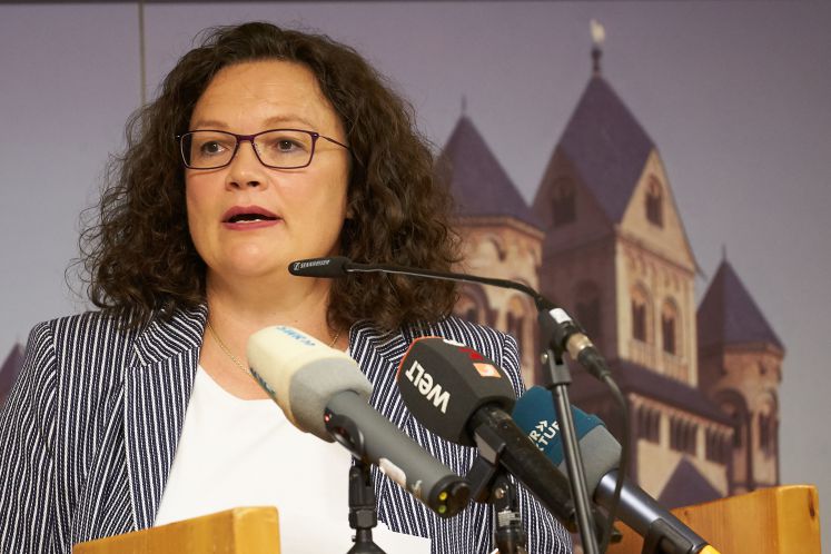 2.08.2019, Rheinland-Pfalz, Maria Laach: Andrea Nahles, ehemalige Vorsitzende der SPD, hält einen Vortrag im Kloster Maria Laach. Nahles spricht über das Thema «Die Gleichberechtigung von Mann und Frau laut Grundgesetz und im wahren Leben».