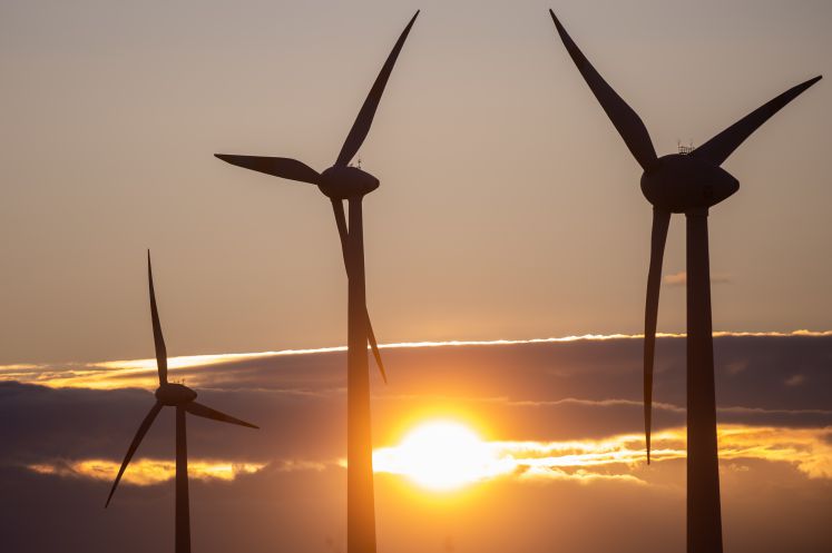 Sachsen-Anhalt, Egeln: Die Sonne geht hinter Windkraftanlagen unter, während ein Wolkenband aufzieht.