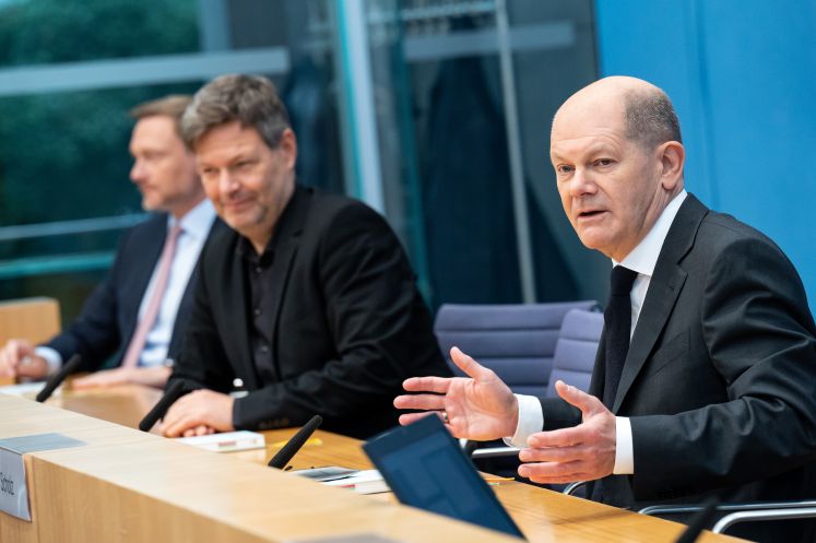 Christian Lindner, Robert Habeck und Olaf Scholz bei der Bundespressekonferenz / dpa