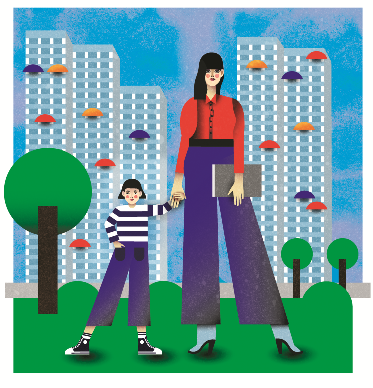 Illustration: Eine junge weiblich gelesene Person steht in einer Park vor Hochhäusern und hält ein Kind an der Hand