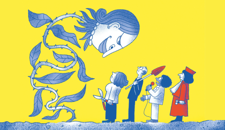 Ein Rose in Gestalt von Alice Weidel steht mit herausforderndem Blick vor vier Personen: Einer Bürgerin mit Gartenschere, einem Politiker mit Schaufel, einer Reporterin mit Mikrofon und einer Verfassungsrichterin in Robe.