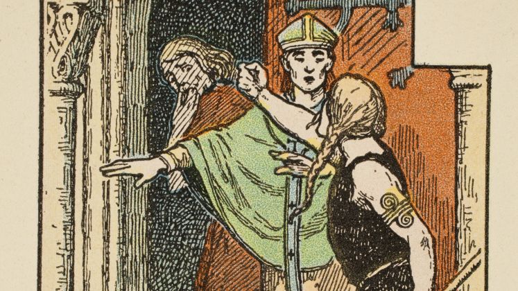 „Ein Bischof rettet einen Schuldigen durch Kirchenasyl“ (Zeichnung von Charles Darrigan, 1935)