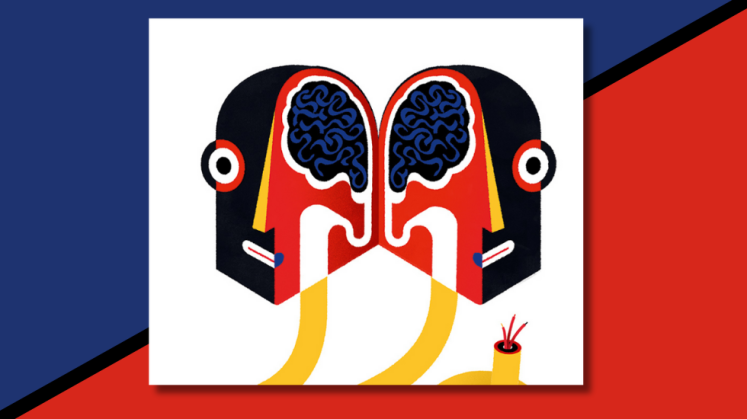 Illustrationen eines Kopfes der in der Mitte aufklappt und zwei Kabel unten rauskommen.