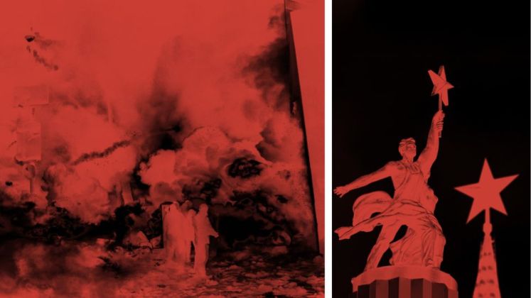 Maidan-Protest und Arbeiterdenkmal in Moskau