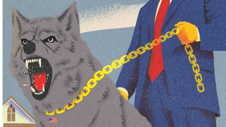 Donald Trump mit einem Wolf an der Leine