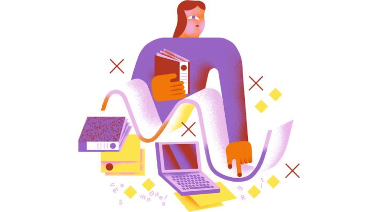 Illustration einer Schülerin. Anbei Hefter, Laptop und Notizzettel.