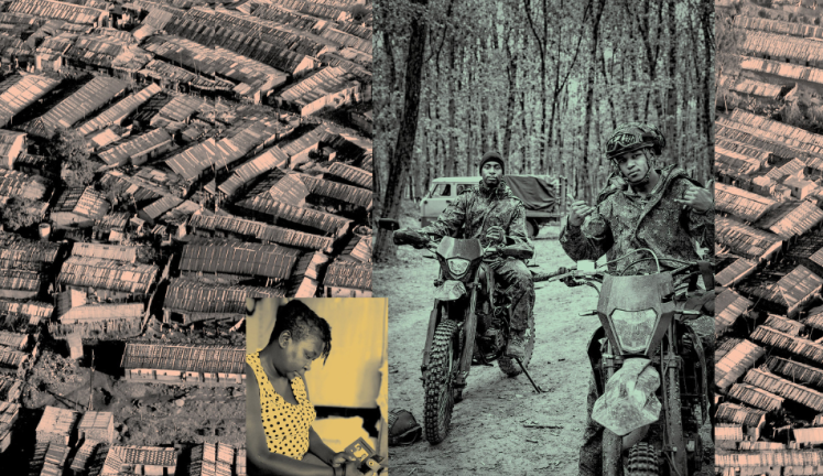 Susan, Mutter von David Kuloba, betrachtet in ihrer Hütte im Slum Kibera ein Foto ihres Sohnes; rechts: David Kuloba als Soldat in Russland; Hintergrund: Luftaufnahme des Slums Kibera im Südwesten von Nairobi, Kenia