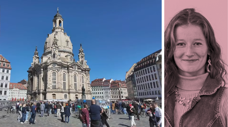 Links: Dresdner Frauenkirche mit Menschenmenge; rechts: Frau, unsicherer Vorschlag. Foto.