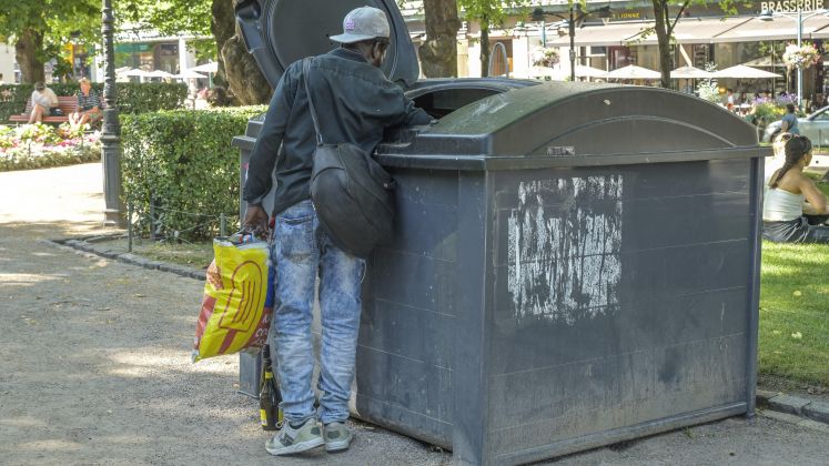 Mann mit Basecap sucht in einem großen Müllcontainer in einem Park, Einkaufstüte in der Hand. Foto.