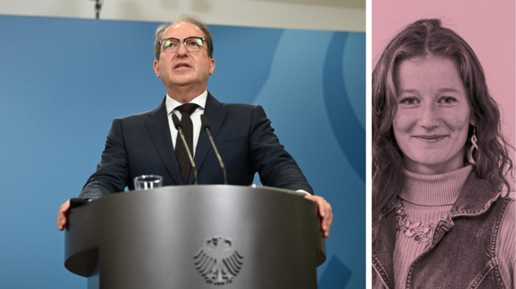 Cem Özdemir am Rednerpult; rechts Porträt einer Frau, unsicherer Vorschlag: Ricarda Lang; Fotomontage.
