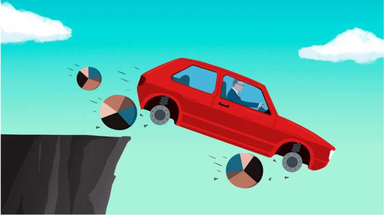 Auto mit abfliegenden Diagramm-Rädern stürzt eine Klippe hinunter
