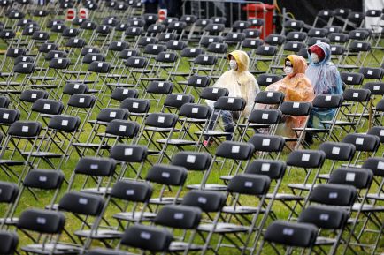 Fans von Helge Schneider harren bei Regen in den Stuhlreihen mit Gesichtsmasken aus