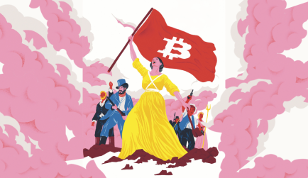 Anspielung auf Die Freiheit führt das Volk" von Eugène Delacroix. Die Flagge enthält ein Bitcoin-Symbol.