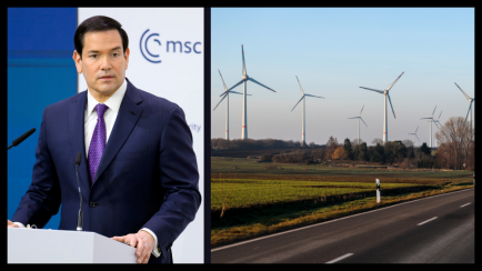 Foto: Mann im Anzug am Rednerpult, unsicherer Vorschlag Marco Rubio; Straße mit Windrädern.