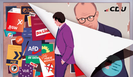 Plakate ohne Ende, Orientierung adé: Die Zersplitterung der Parteienlandschaft lässt selbst den Kanzler skeptisch dreinblicken / Illustration: Alexander Glandien