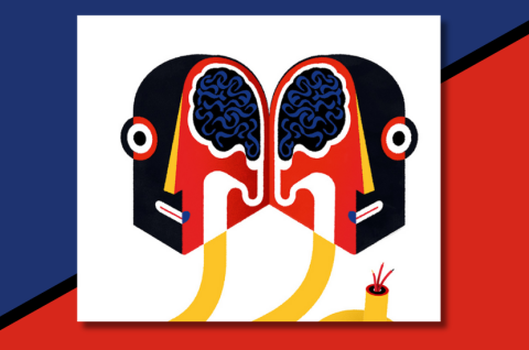 Illustrationen eines Kopfes der in der Mitte aufklappt und zwei Kabel unten rauskommen.