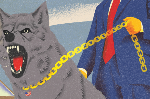 Donald Trump mit einem Wolf an der Leine