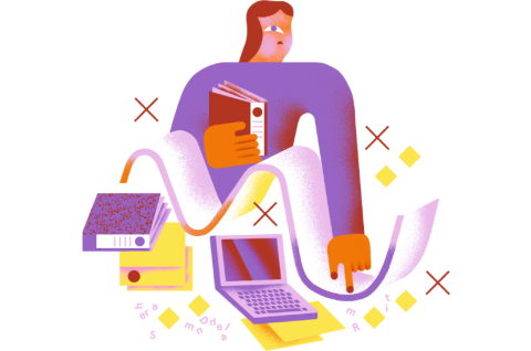 Illustration einer Schülerin. Anbei Hefter, Laptop und Notizzettel.