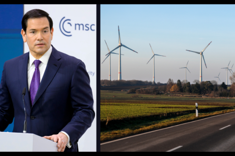 Foto: Mann im Anzug am Rednerpult, unsicherer Vorschlag Marco Rubio; Straße mit Windrädern.