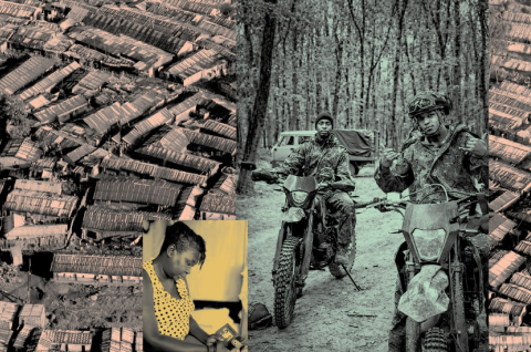 Susan, Mutter von David Kuloba, betrachtet in ihrer Hütte im Slum Kibera ein Foto ihres Sohnes; rechts: David Kuloba als Soldat in Russland; Hintergrund: Luftaufnahme des Slums Kibera im Südwesten von Nairobi, Kenia