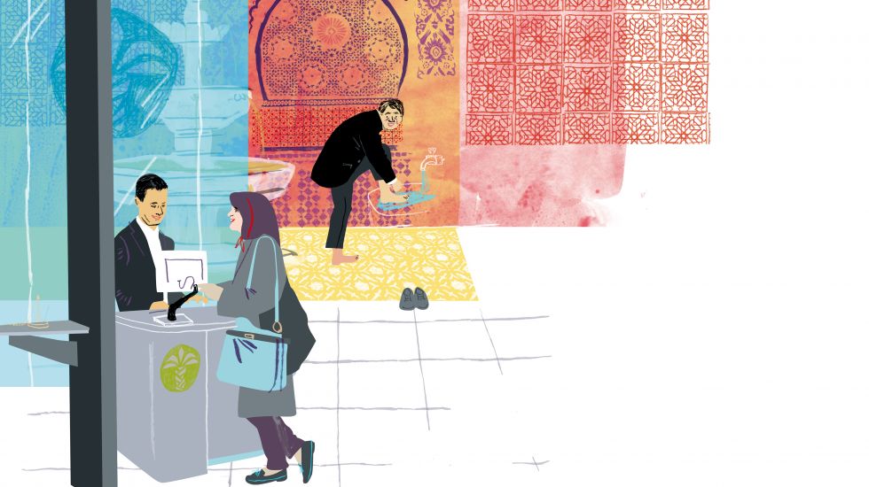 Illustration einer Bank. Eine Frau steht mit Kopftuch am Schalter. Im Hintergrund wäscht sich ein Mann die Füße.