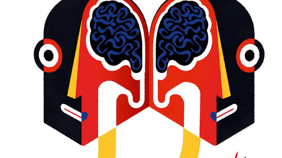 Illustrationen eines Kopfes der in der Mitte aufklappt und zwei Kabel unten rauskommen.