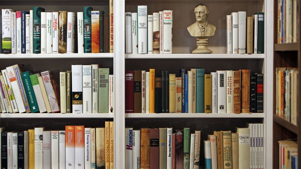 Ein Bücherregal mit verschiedenen Büchern und einer kleinen Büste von Johann Wolfgang von Goethe